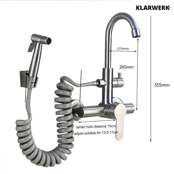 KLARWERK Logo. Wandmontierte Armatur aus Edelstahl mit hohem Auslauf, Bidetbrause und Maßangaben: Höhe 355 Millimeter, Ausladung 115 Millimeter.