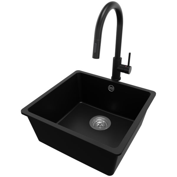 PRIMAGRAN Granitspüle Schwarz 46x44cm, Spülbecken 1 Becken + Küchenarmatur 40x20cm + Ablauf-Set, Küchenspüle ab 50er Unterschrank - Venedig Slim Easy