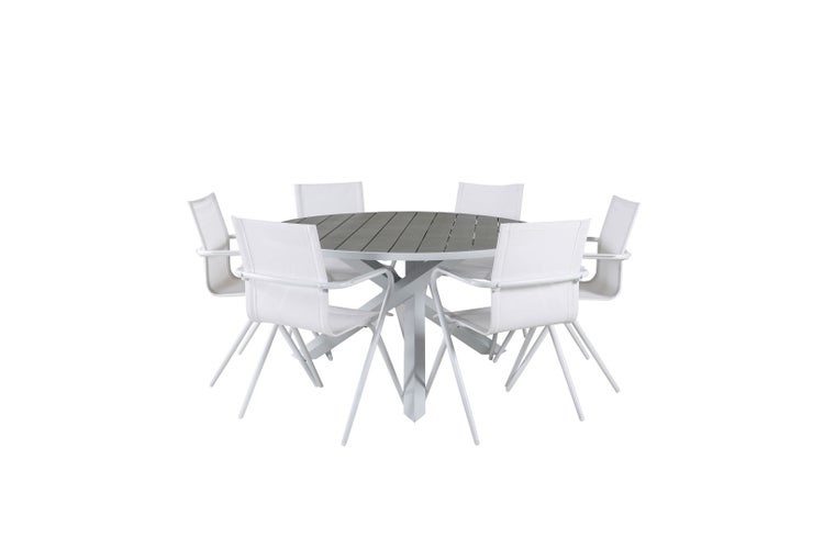 Parma Gartenset Tisch Ø140cm und 6 Stühle Alina weiß, grau. 140 X 140 X 73 cm