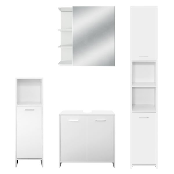 ML-Design Badmöbel-Set 4-teilig, Badezimmermöbel Set Badmöbel Komplettset, Spiegelschrank Waschtisch mit Unterschrank Hochschrank Badezimmerschrank Badschrank, Modernen Stil, Weiß, Holz, viel Stauraum