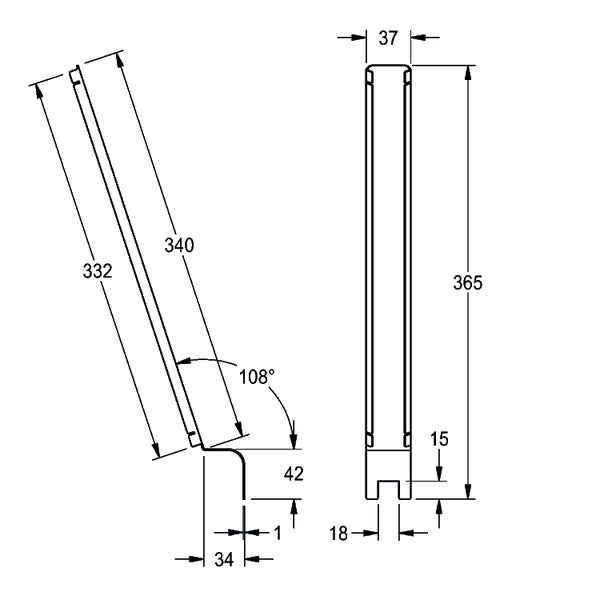 Maßzeichnung mit technischen Details: Gesamthöhe 365, Breite 37 und einem Winkel von 108 Grad.