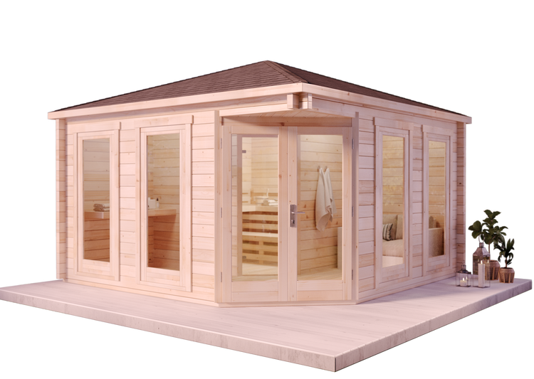 Weißer Futtertisch mit zwei Edelstahlnäpfen und Stauraum für Tierfutter neben einem Golden Retriever