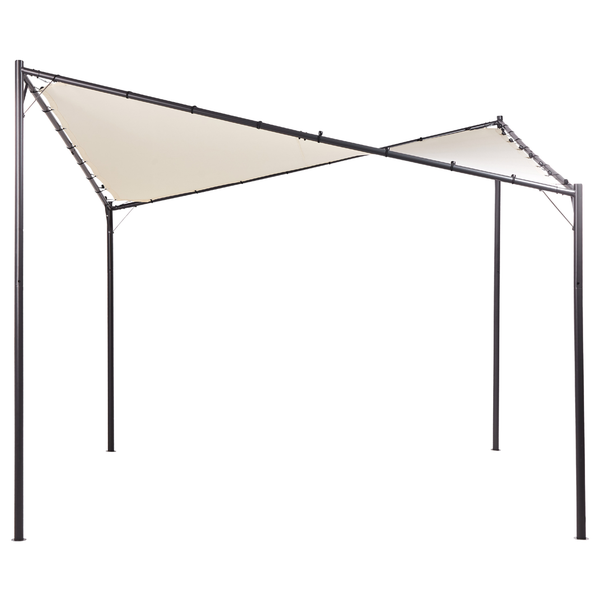 Moderner Gartenpavillon mit dunklem Metallgestell und hellem Textil-Sonnensegel.