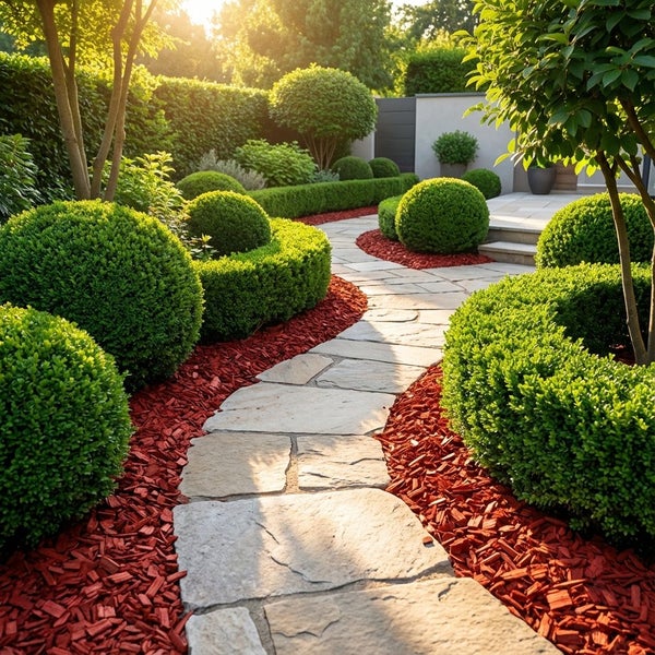 Gartenweg mit Natursteinplatten, eingefasst von kugelförmigen Buchsbaumpflanzen und dekorativem Rindenmulch in einer gepflegten Gartenanlage.