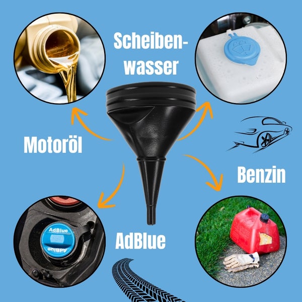 Darstellung verschiedener Autopflegeprodukte und -flüssigkeiten, die über einen Trichter eingefüllt werden, darunter Motoröl, Scheibenwasser, Benzin und AdBlue