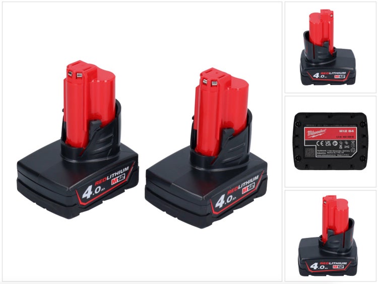 Zwei Milwaukee M12 Lithium Ionen Akkus mit 4 Ampere Stunden Kapazität für Elektrowerkzeuge.