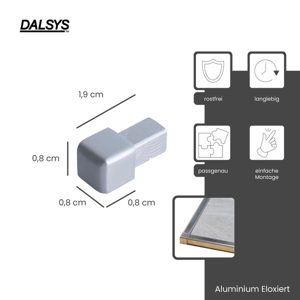 DALSYS Logo. Außenecke für Fliesenprofile, Aluminium eloxiert, rostfrei, langlebig, passgenau, einfache Montage, 0,8 mal 0,8 mal 1,9 Zentimeter.