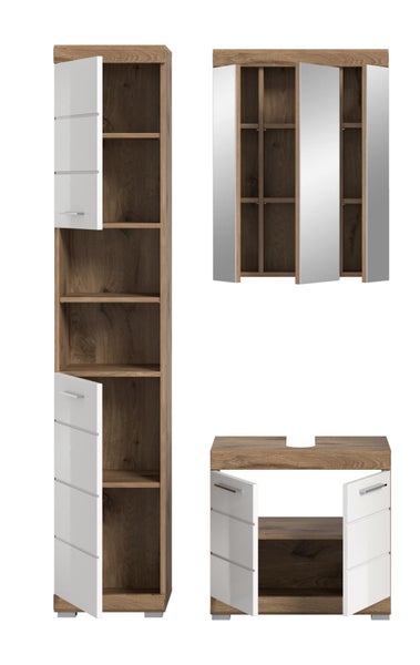 Badezimmermöbel Set bestehend aus Hochschrank, Spiegelschrank und Waschbeckenunterschrank in Eiche Optik mit weißen Hochglanz Fronten.