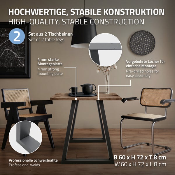 ECD Germany 2x Tischbeine Trapez Design, 60 x 72 cm, Anthrazit, pulverbeschichtete Stahl, Industriedesign, Metall Tischkufen Tischuntergestell Tischgestell Möbelfüße, für Esstisch Schreibtisch
