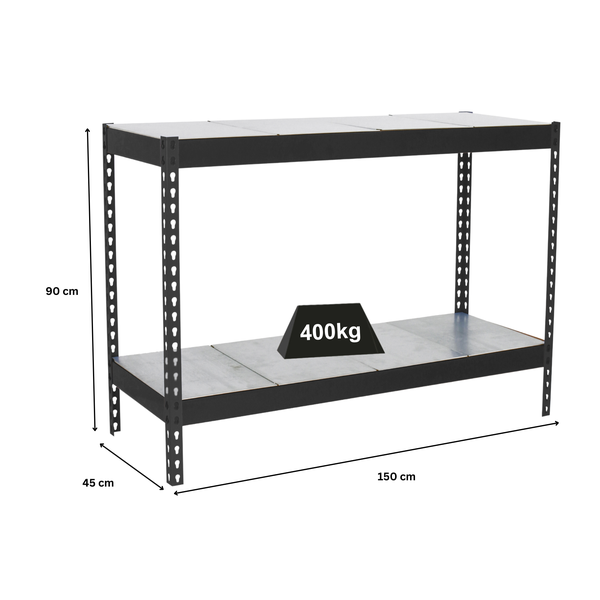 Regal mit zwei Ebenen, Maße 150 cm x 90 cm x 45 cm und einer Traglast von 400 kg