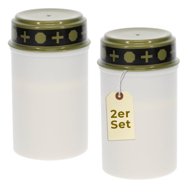 Zweier-Set Grablichter mit Deckel und Kreuz-Dekorationsband.