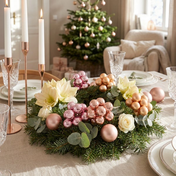 Festlich dekorierter Adventskranz aus Tannengrün mit Amaryllis, Rosen und Weihnachtskugeln auf einem gedeckten Tisch im weihnachtlichen Wohnzimmer
