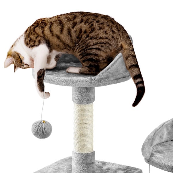 Katze spielt auf Katzenbaum mit Kratzstamm und Liegeflächen