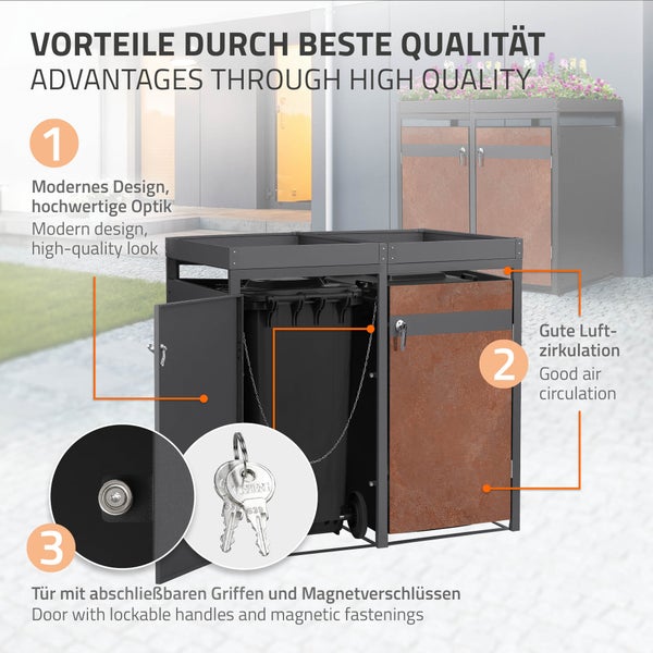 Doppel-Mülltonnenbox mit integriertem Pflanzdach, Belüftungsschlitzen und abschließbaren Türen mit Magnetverschlüssen.