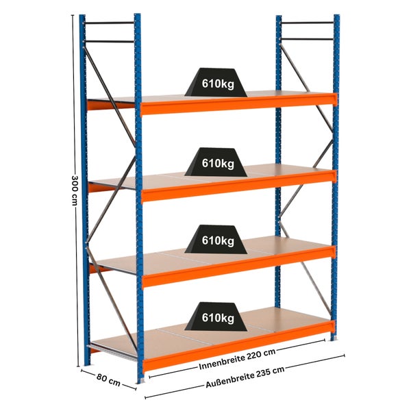 Schwerlastregal mit vier Regalböden und Maßangaben