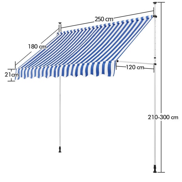 Freistehende Markise mit blau-weissen Streifen und Grössenangaben