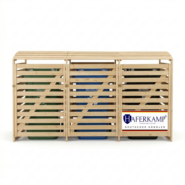 Mülltonnenbox aus Holz für drei Mülltonnen mit Haferkamp Logo