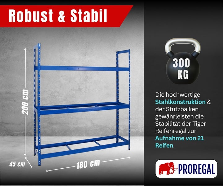 Proregal Tiger Reifenregal aus Stahl für 21 Reifen, Tragkraft 300 Kilogramm. Maße: 200 mal 180 mal 45 Zentimeter. Proregal Logo.