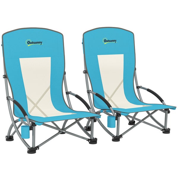 Set aus zwei klappbaren Outsunny Campingstühlen mit Metallgestell, Stoffbezug, Armlehnen und Getränkehalter.