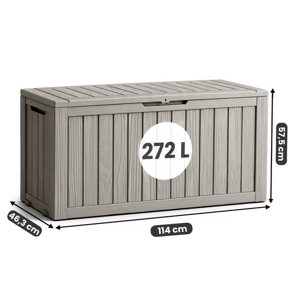 Graue Gartenbox aus Kunststoff in Holzoptik mit 272 Litern Fassungsvermögen. Maße: Breite 114 Zentimeter, Höhe 57,5 Zentimeter, Tiefe 46,3 Zentimeter.