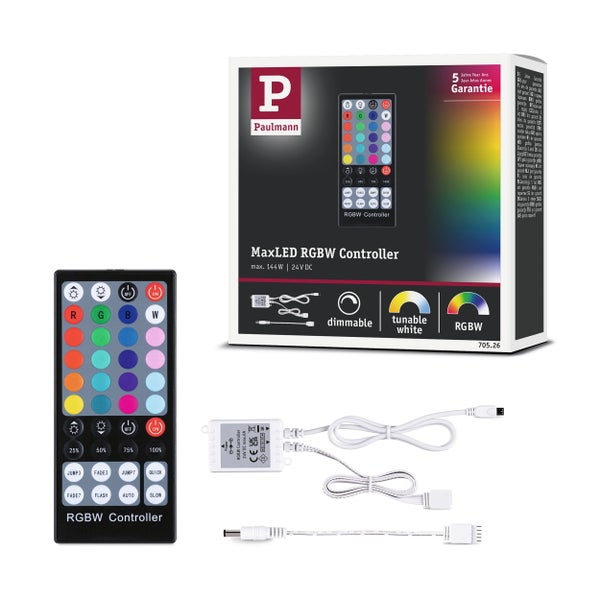 Paulmann MaxLED RGBW Controller Set inklusive Fernbedienung und Empfänger für LED Streifen, dimmbar, 24 Volt Gleichstrom, maximal 144 Watt.