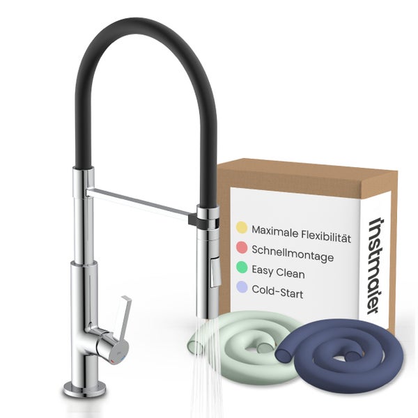Instmaier Küchenarmatur mit flexiblem Auslauf, Brause, Cold-Start-Funktion, Schnellmontage, Easy Clean, austauschbaren Schläuchen und Instmaier Logo.