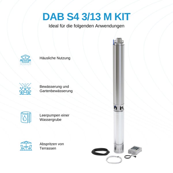 DAB S4 3/13 M KIT Brunnenpumpe - 4.200 L/Std. - 1200W - Förderhöhe 72 m - Rostfreier Stahl - Tiefbrunnenpumpe - Tiefwasserpumpe