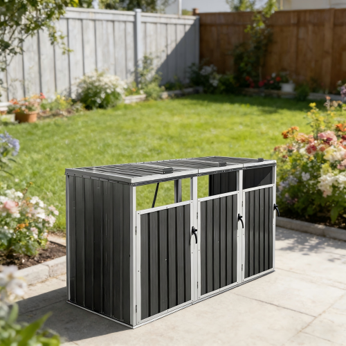 Mülltonnenbox aus Metall für drei Mülltonnen in einem Garten auf einer gepflasterten Terrasse.