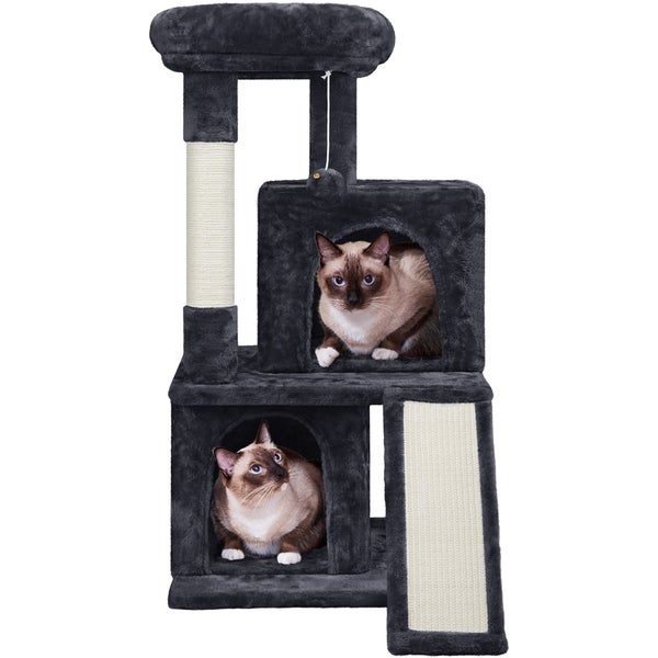 Grauer Kratzbaum mit zwei Katzen