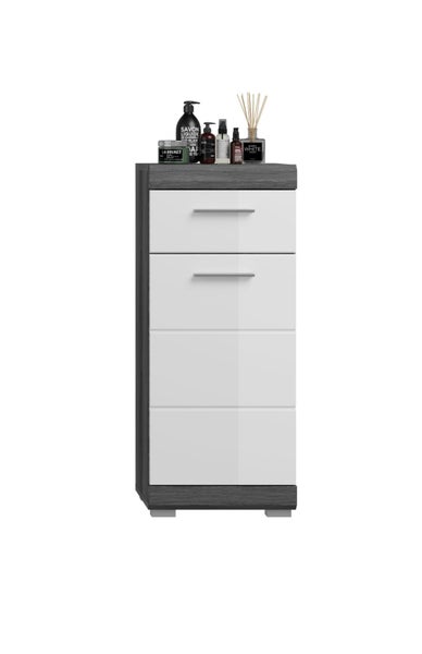 Moderner Badezimmer-Midischrank mit anthrazitfarbenem Korpus, weißen Hochglanzfronten, einer Schublade und einer Tür.