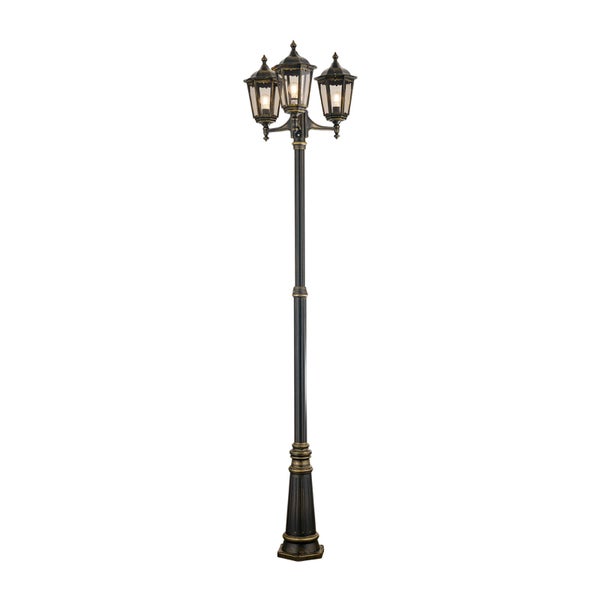 Dreiflammige Außenstehleuchte im klassischen Kandelaber-Design aus Metall und Glas.