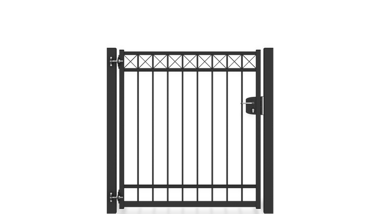 Gartentor ZAUNGURU BASIC-Linie Oldenburg Kreuz aus Metall, Höhe: 143cm, Breite: 150cm, 1-flügelig inkl. Pfosten, Schloss und Zubehör, Feuerverzinkt und in RAL 7016 Anthrazitgrau pulverbeschichtet