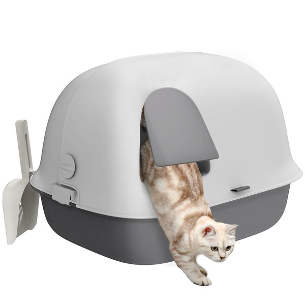 PawHut Katzentoilette mit Deckel, Katzenklo mit Sieb, Tür, Schaufel, geschlossen Katze Toilettenhaus für kleine Katze unter 3,5 kg, Indoor, Kunststoff, Hellgrau