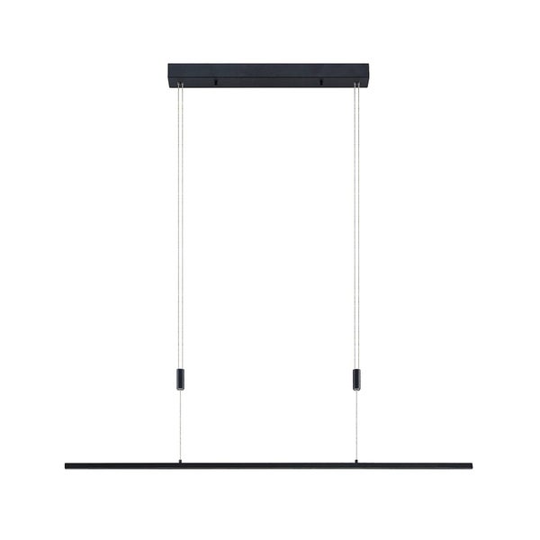 Moderne LED-Balkenpendelleuchte aus schwarzem Metall, höhenverstellbar, geradliniges Design.