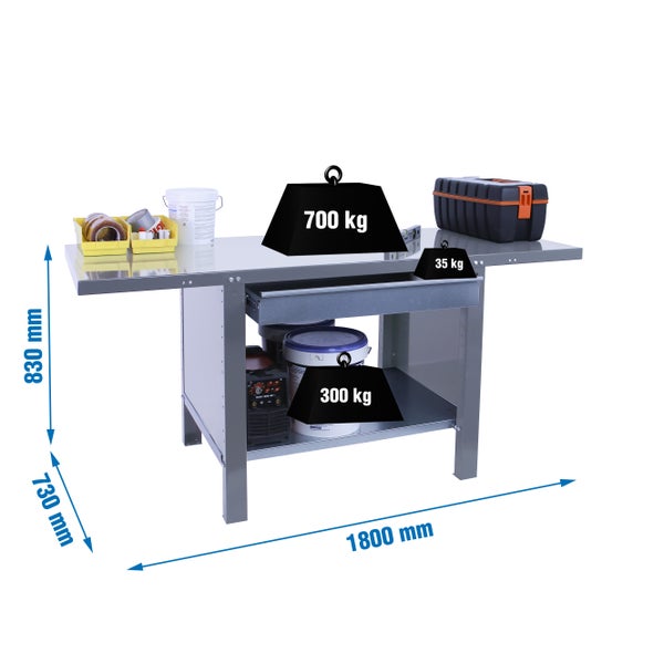 Werkbank BUFFALO METAL mit 1x Schublade | HxBxT 83x180x73cm | Traglast 700kg | Grau