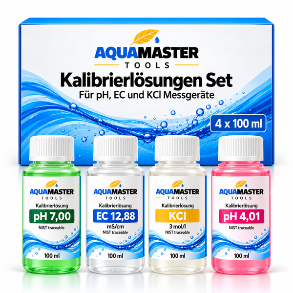 Aqua Master Tools Kalibrierlösungen Set mit vier 100 Milliliter Flaschen für pH, EC und KCl Messgeräte