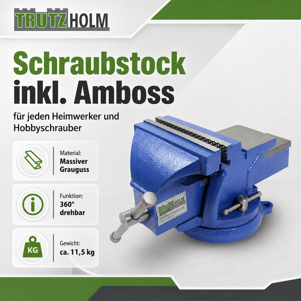 TrutzHolm Schraubstock aus massivem Grauguss mit Amboss, 360 Grad drehbar, Gewicht circa 11,5 Kilogramm.
