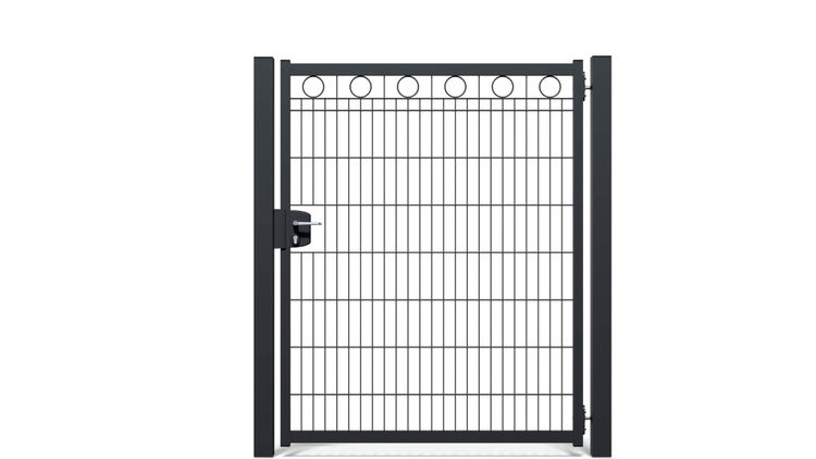 Zauntür ZAUNGURU BASIC-Linie Berlin Kreis aus Metall, Höhe: 163cm, Breite: 150cm, 1-flügelig inkl. Pfosten, Schloss und Zubehör, Feuerverzinkt und zusätzlich in RAL 7016 Anthrazitgrau pulverbeschichtet