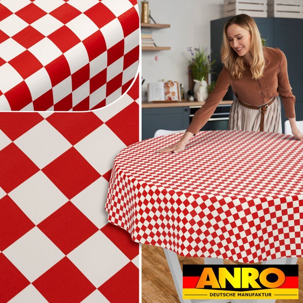 Rundes Wachstuch mit rot-weißem Karomuster auf einem Küchentisch, Detailansicht der Materialoberfläche und Anro Logo.