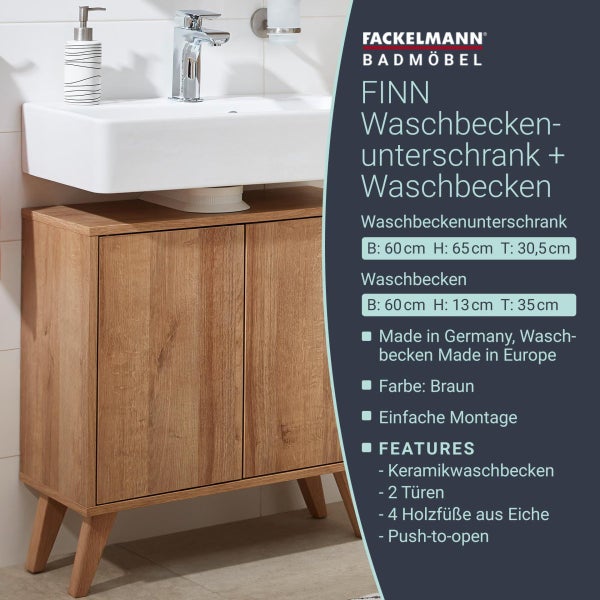 FACKELMANN FINN Badmöbel Set 2 Teile / Waschbecken / Waschbeckenunterschrank mit 2 Türen / Badschrank mit Push-to-Open / Korpus & Front: Braun hell / Rahmendekor & Füße: Braun hell / Breite: 60 cm
