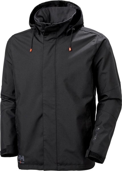 Schwarze Helly Hansen Arbeitsjacke mit Kapuze und verstellbaren Ärmelbündchen.