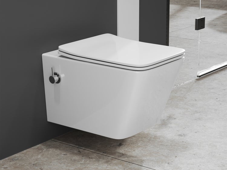 Wandhängendes WC mit Betätigungsplatte in einem Badezimmer