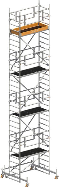 Rollgerüst mit Arbeitsplattformen und Layher Logo