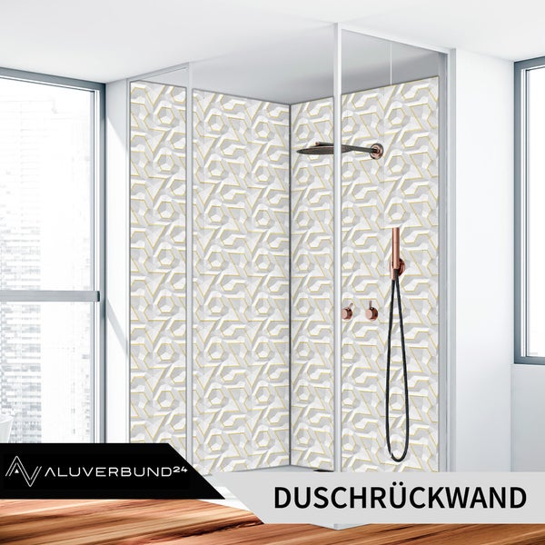 Duschrückwand mit weißem geometrischem 3D-Muster und goldenen Linien in einer hellen Dusche mit kupferfarbenen Armaturen, Aluverbund24 Logo.