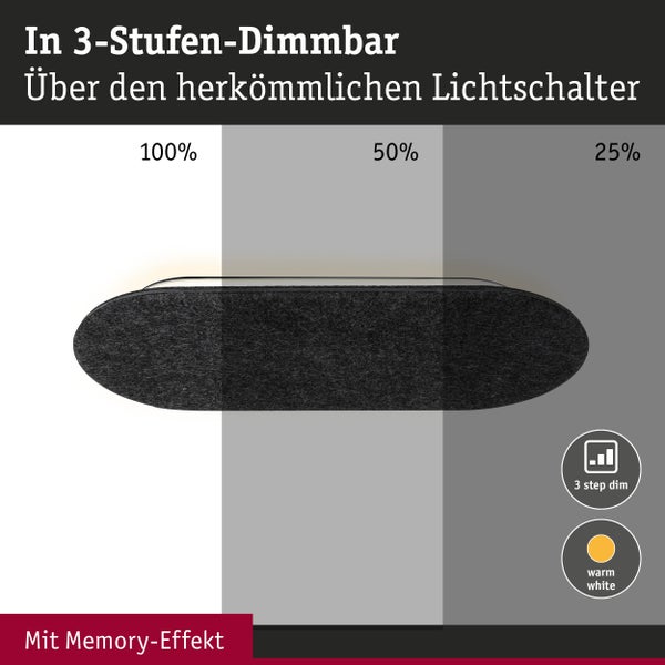 Ovale Filzleuchte, dimmbar in 3 Stufen über Lichtschalter (100 Prozent, 50 Prozent, 25 Prozent), mit Memory-Effekt und warmweißem Licht.