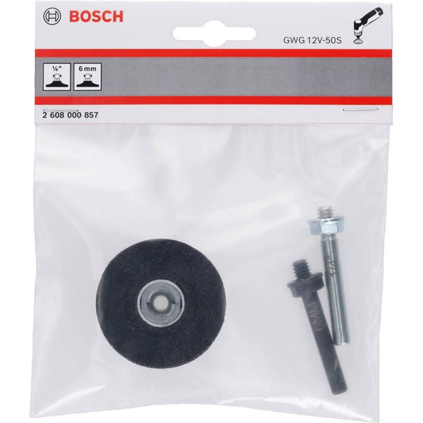 Bosch Logo. Schleifscheibe mit Befestigungsmaterial in einer Verpackung.