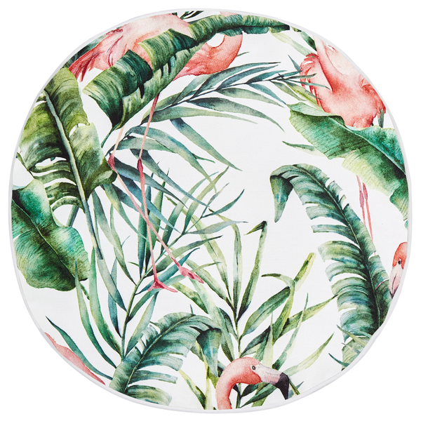 Runder Teppich mit tropischem Muster aus rosa Flamingos und grünen Palm- und Bananenblättern.