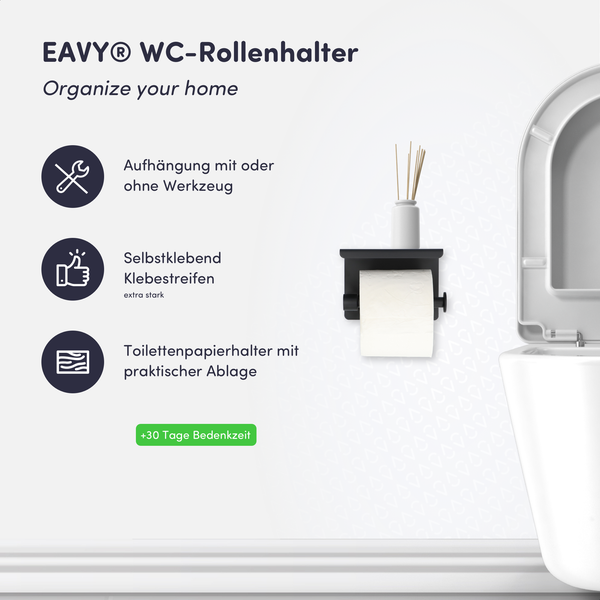 EAVY Toilettenpapierhalter mit Ablage Edelstahl Schwarz Selbstklebend oder Bohren