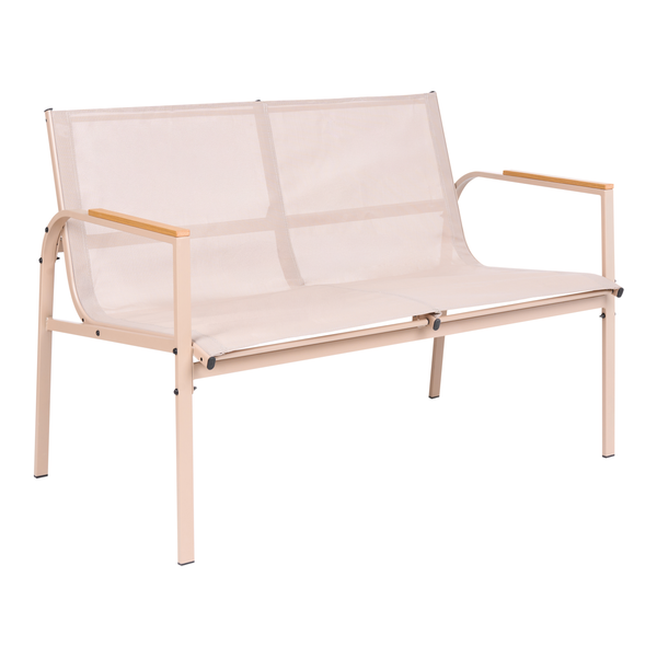 Gartenbank 2-Sitzer mit Metallgestell, Textilbespannung und Armlehnen mit Holzauflage.