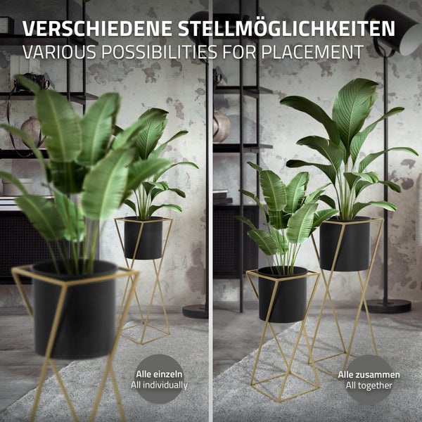 ML-Design Blumenständer 2er Set, Schwarz-Gold, 21x21x51/24x24x70,5 cm, Stahl, Blumentopfständer mit Übertopf, Metall Pflanzenständer, Blumentopfhalter 2-tlg, Pflanztopf Deko Blumensäule Blumenhocker